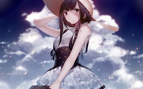 Anime Anime Girls Brunette White Dress Straw Hat Long Hair Sun Dress Sunflowers Red