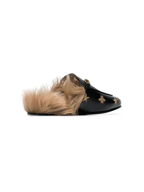 Gucci Princetown Bee And Star Embroidered Fur Lined Loafers Lyst