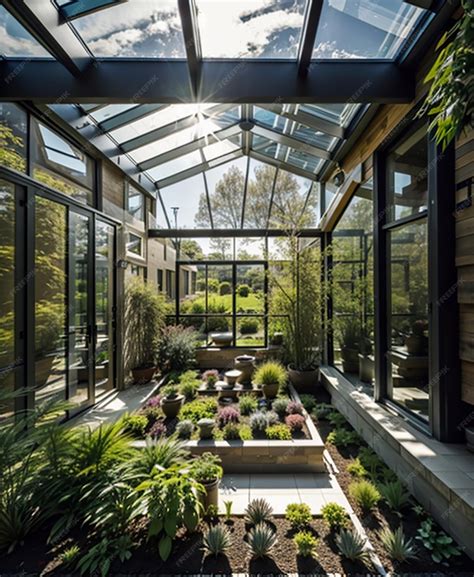 Premium Photo A Large Glass Roof With A Garden And A Large Window