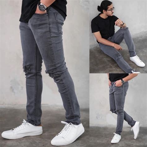 Jual Celana Panjang Jeans Pria Slimfit Sobek Lutut Ripped Denim Pensil