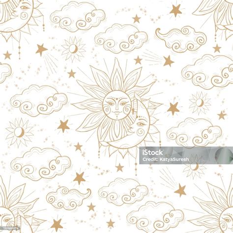 Celestial Seamless Pattern Background With Sun Moon Stars And Clouds On