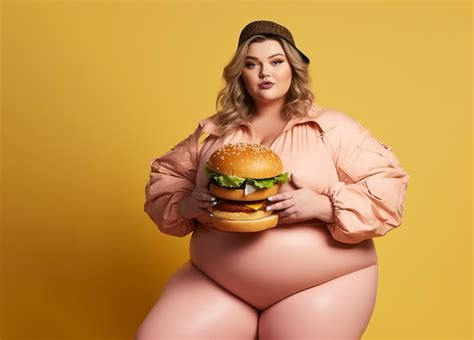 Premium Photo Overweight Woman Holding Big Burger Obesity Junk Food