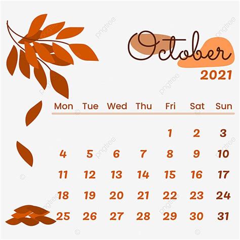 October Calendar Vector Art PNG, October 2021 Calendar With Autumn ...