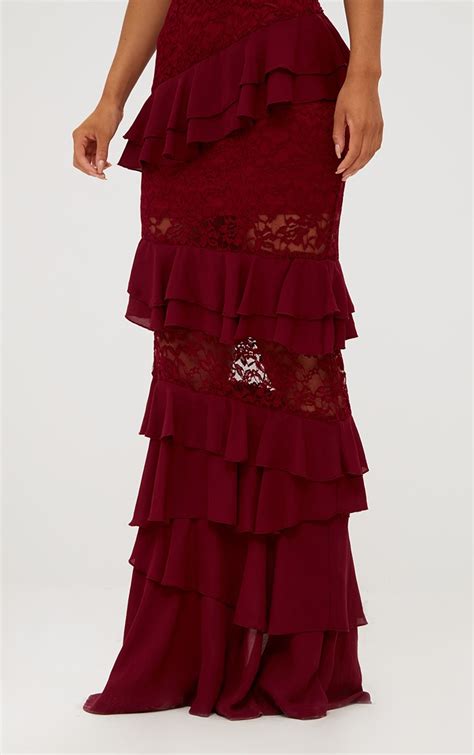 Burgundy Lace Frill Detail Maxi Skirt Skirts Prettylittlething