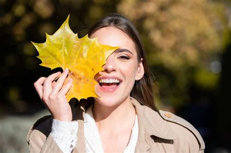 Beautiful Girl Outdoors In Autumn Fall Young Woman Collects Yellow