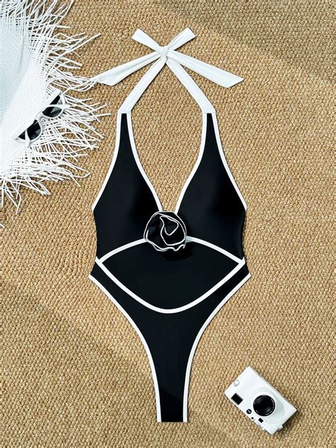 Custom New Solid Sexy D Flower One Piece Bikini Backless Halter Swimsuit Women Hollow Out