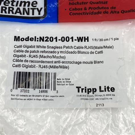 Tripp Lite by Eaton 1FT Cat6 Snagless Unshielded (UTP) Pure Bare Copper Patch Cable 550MHz — White (Single) (N201-C6-UTP-1FT-WH-1PK)