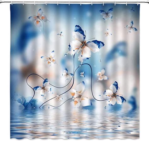 Sonernt Blue Coral Flower Butterfly Shower Curtain Elegant Romantic