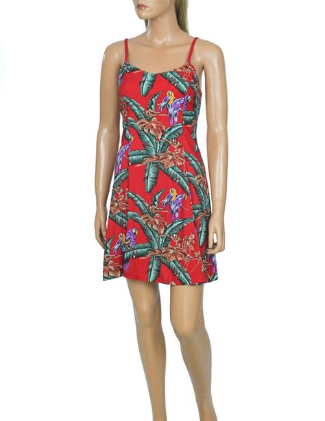 Jungle Bird Parrots Spaghetti Straps Red Hawaiian Dress Shaka Time Hawaii