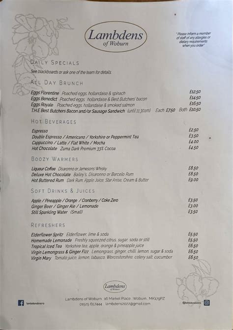 Menu at Lambdens of Woburn Café & Bistro pub & bar, Woburn