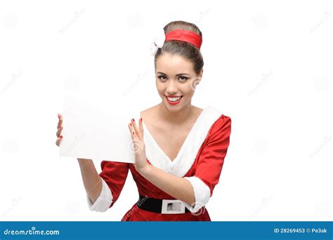 Cheerful Retro Girl Holding Sign Stock Image Image Of Holding Camera 28269453