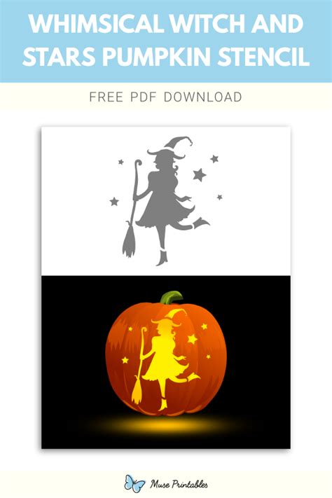 Whimsical Witch And Stars Pumpkin Stencil Witch Pumpkin Stencil Pumpkin Stencil Halloween