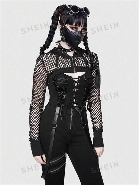 Romwe Goth Women S Hooded Cropped Top With Fishnet And Skull Pattern