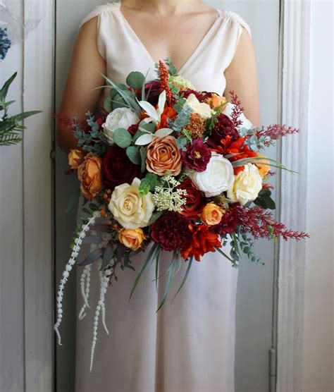 Burnt Orange Burgundy Bouquet Bridal Silk Flower Bouquet Etsy