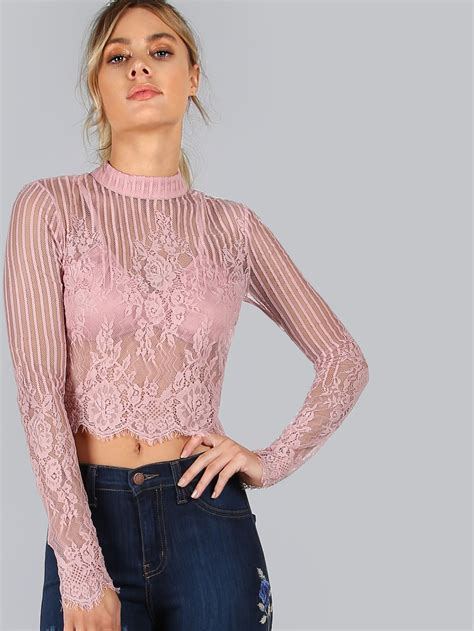 Shop Sleeved Floral Lace Crop Top Pink Online Shein Offers Sleeved Floral Lace Crop Top Pink