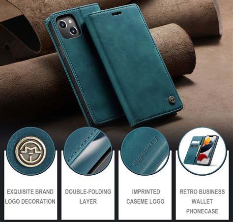 CaseMe IPhone 13 Soft PU Retro Leather Flip Wallet Case Blue