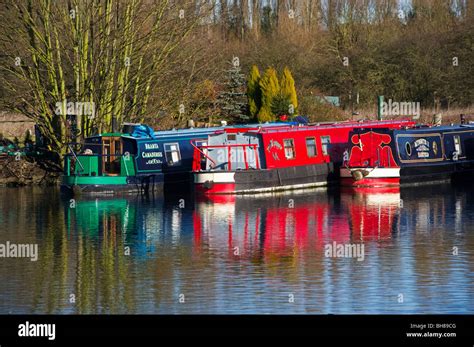 Moored Canal Narrow Boats At Harefield Marina Grand Union Canal Stock