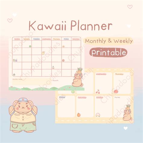 Kawaii Printable Planner Undated Monthly Calendar Kawaii Etsy