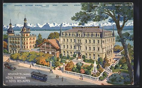 AK Neuchâtel Hotel Terminus und Hotel des Alpes mit Strassenbahn