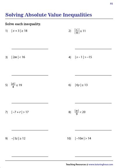 Absolute Value Inequalities Worksheets