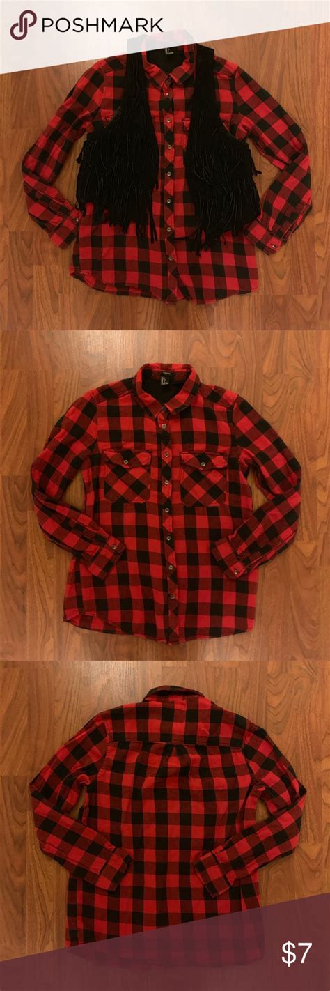 ️3 For 10 Forever2 Red And Black Plaid Shirt Black Plaid Shirt Red