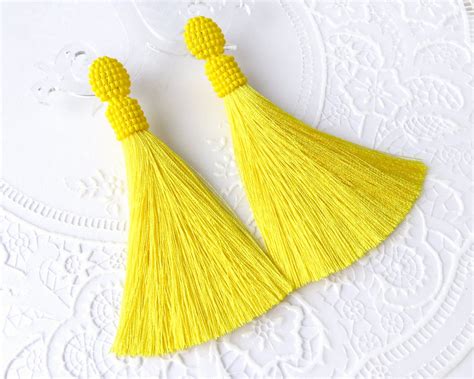 Yellow Silk Tassel Beaded Tassel Earrings Stud Tassel Earrings Etsy