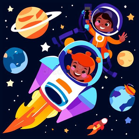 Cute Little Kids in Space with Rocket. Vector Cartoon Illustration ...