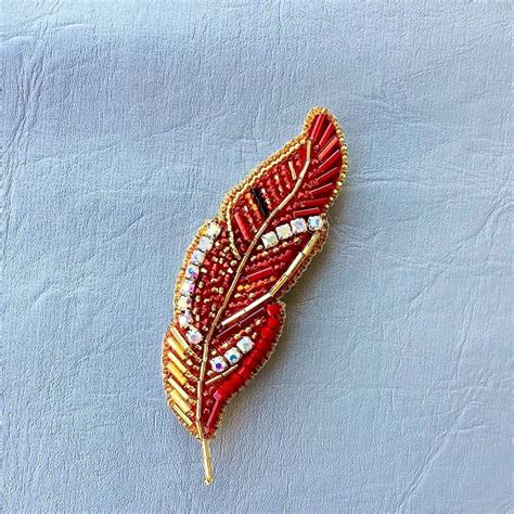 Handmade Beaded Phoenix Feather Pin Beaded Phoenix Feather Brooch Red