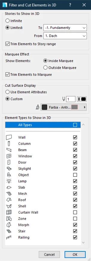 ᐈ Archicad Jak korzystać z okna Filtrowanie i Przekroje w 3D