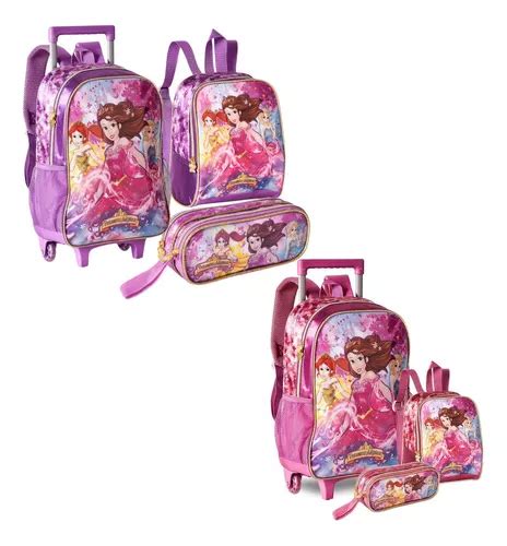 Mochila De Rodinhas Lancheira Estojo Princesas M Gicas Parcelamento