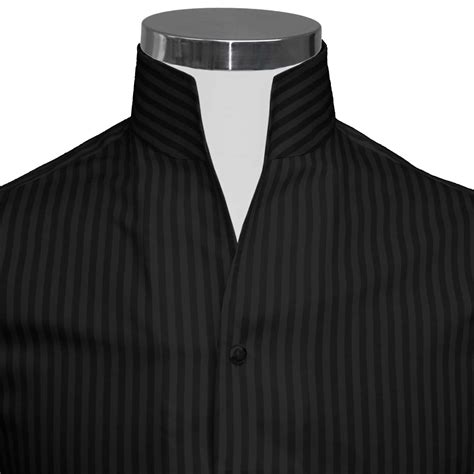 High Open Buttonless V Collar Shirt Jet Black Standing Stripes Birthday