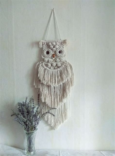 Owl Macrame Wall Hangings Decor Art Handmade Bohoowl White Etsy