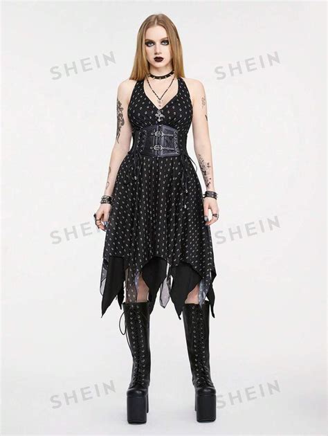 Romwe Goth Gothic Style Cross Decorated Skull Pattern Asymmetrical Hem