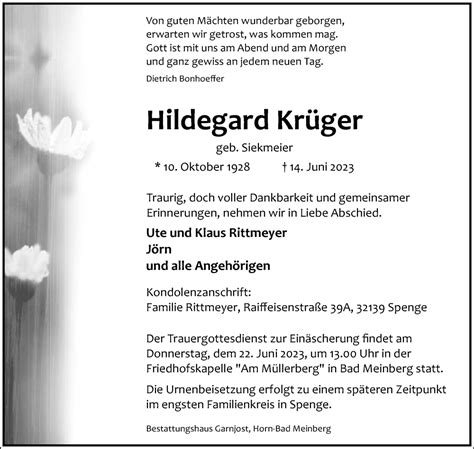 Traueranzeigen Von Hildegard Kr Ger Lz Trauer