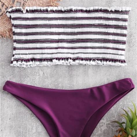 Zaful Swim Stripe Smocked Bandeau Bikini Set Poshmark