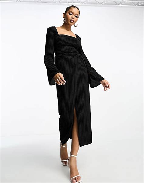 Asos Design Square Neck Fluted Sleeve Knot Detail Midi Dress In