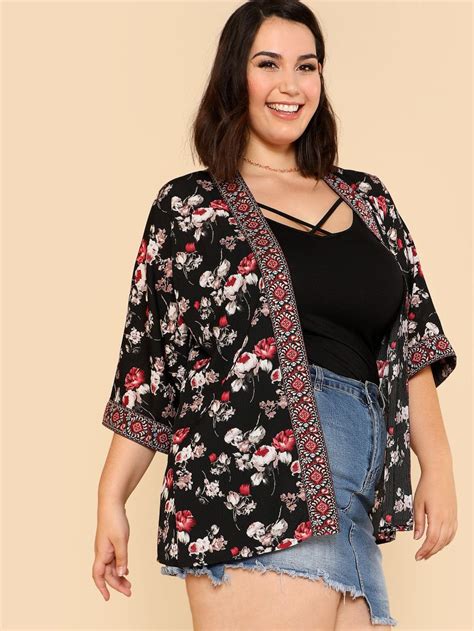 Shein Plus Geo Pattern Trim Floral Kimono Plus Size Outfits Floral