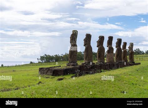 Back view of seven moai statues at Ahu Akivi, the only ahu with moai ...