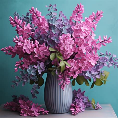 Premium Ai Image Lilac Arrangement Teal And Pink 3d Effect Vase With Flowers