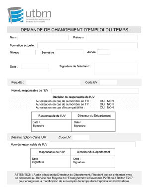 Fillable Online Utbm Formulaire De Demande De Changement Demploi Du