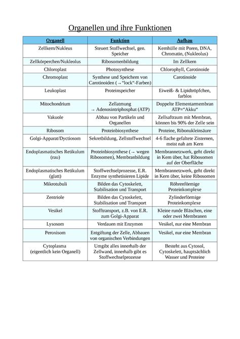 Organellen Und Ihre Funktionen Tabelle Organellen Und Ihre