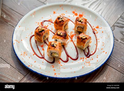 Traditional Japanese Sushi Rolls In Restaurant Stock Photo Alamy