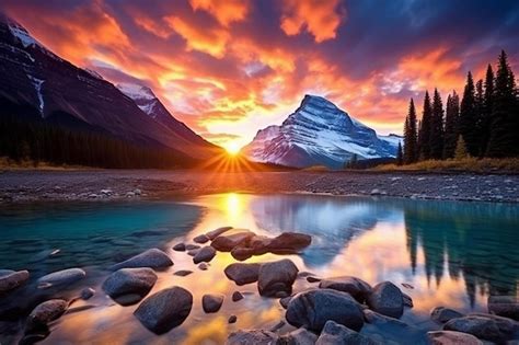 Premium AI Image | a beautiful sunrise over a river with mountains in ...