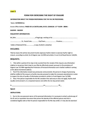 Fillable Online Form For Exercising The Right Of Erasure Fax Email