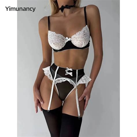 Yimunancy Bow Choker Maid Lace Patchwork Lingerie Set Women Piece Ruched Ball Brief Garter Kit