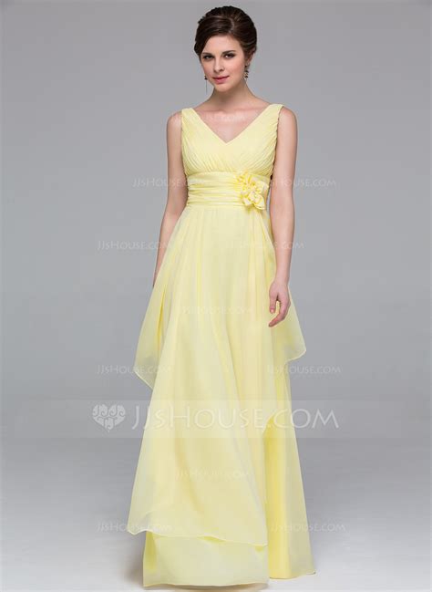 A Line Princess V Neck Floor Length Chiffon Bridesmaid Dress With