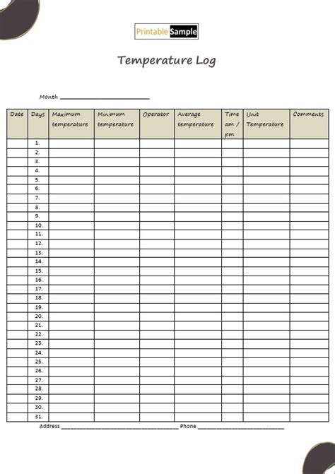 Temperature Log Sheet Celsius