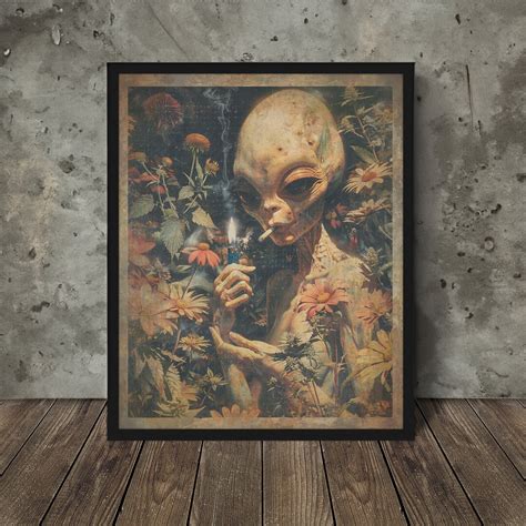 Retro Alien Cannabis Fine Art Cryptid Smoke Wall Art Vintage 420