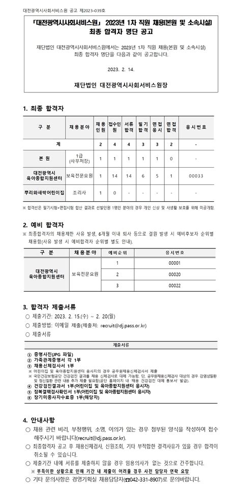 제2023 039호 2023년 1차 직원 채용본원 및 소속시설 최종 합격자 명단 공고 채용입찰 공고 알림마당