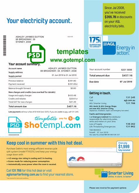 Australia Agl Electricity Utility Bill Template Fully Editable In Psd